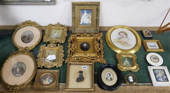 A collection of 19th century and later portrait miniatures, together with photographs and prints, largest 24 x 18.5c, (15)